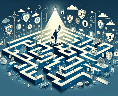 Image shows a symbolic figure holding a lantern, navigating through a complex maze filled with abstract shapes and symbols representing digital security measures and compliance standards.