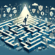 Image shows a symbolic figure holding a lantern, navigating through a complex maze filled with abstract shapes and symbols representing digital security measures and compliance standards.