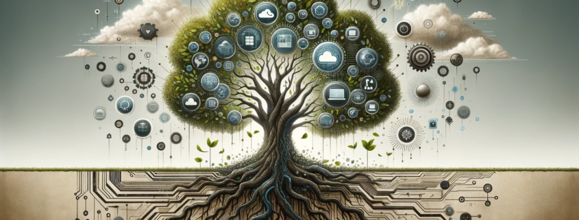 Image features a symbolic representation of a flourishing tree, whose branches reach out towards icons of cloud computing, network connectivity, and data security, seamlessly integrated into its foliage. The roots of the tree extend deep into a foundation composed of gears and circuits, illustrating the robust IT infrastructure enabled by vCIO services for MSPs.