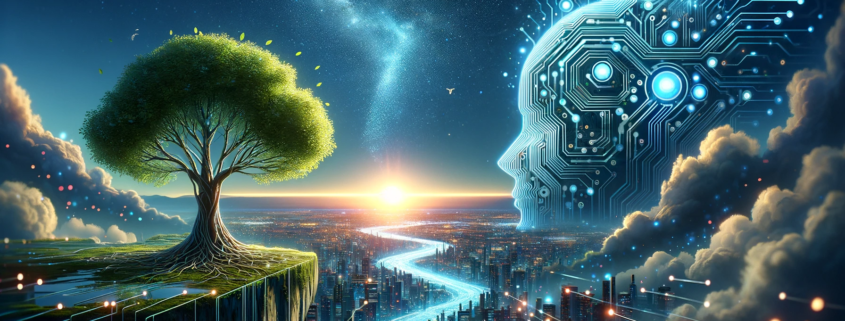 Image similarly depicts a harmonious blend of digital and natural elements, with a tree whose foliage and roots are designed with digital motifs, standing as a metaphor for the integration of AI into IT management. The surrounding environment, highlighted by a stream of glowing data, leads to a bright horizon, capturing the essence of innovation and efficiency in IT service provision.