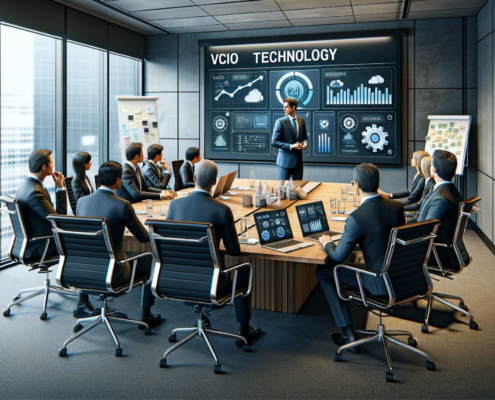 Image depicts a realistic meeting room with a vCIO presenting a technology strategy on a large digital screen at the front. Business executives in formal attire are seated around a long conference table, listening and taking notes. The room is modern and well-lit, featuring comfortable chairs, laptops open in front of each executive, a whiteboard, sticky notes, and digital devices, symbolizing the integration of technology into business.