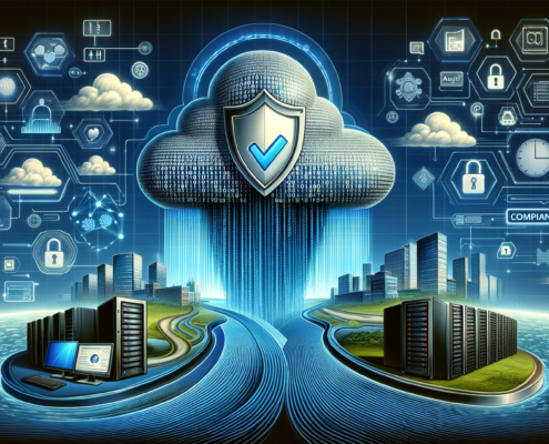 This image depicts a futuristic, stylized digital landscape representing data security and IT compliance. A large, secure cloud symbol with a checkmark shield is the central focus, with streams of binary code flowing into it, suggesting a secure cloud backup process. The foreground features a business-like environment with servers and a laptop displaying a data recovery progress bar. Various icons and symbols float around the cloud, illustrating aspects of IT compliance such as locks, audit checklists, and certification badges.