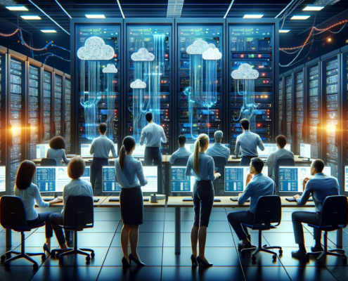 The image portrays a team of IT professionals in a tech company's server room. They intently observe data flow on multiple monitors, vividly illustrating the real-time backup process to cloud storage. The room buzzes with the activity of server racks, illuminated by blinking lights and interconnected with numerous fiber optic cables, emphasizing the collaborative effort in maintaining data security and resilience.