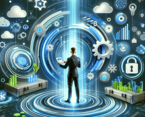 The image depicts a futuristic, analytics-driven backup monitoring scene. A central figure, symbolizing a business professional or a technological avatar, stands confidently, interacting with a high-tech control panel or holding a digital tablet. Surrounding the character are abstract, dynamic elements such as floating graphics, charts, gears, cloud icons, and security shields, all representing different aspects of data protection and analytics. These elements are rendered in vibrant blues, greens, and silvers, conveying a sense of innovation, safety, and control. The background is a sleek, high-tech environment, emphasizing the cutting-edge nature of the analytics-driven approach. The overall impression is one of empowerment and advanced data protection, portrayed through a visually rich and detailed futuristic setting.