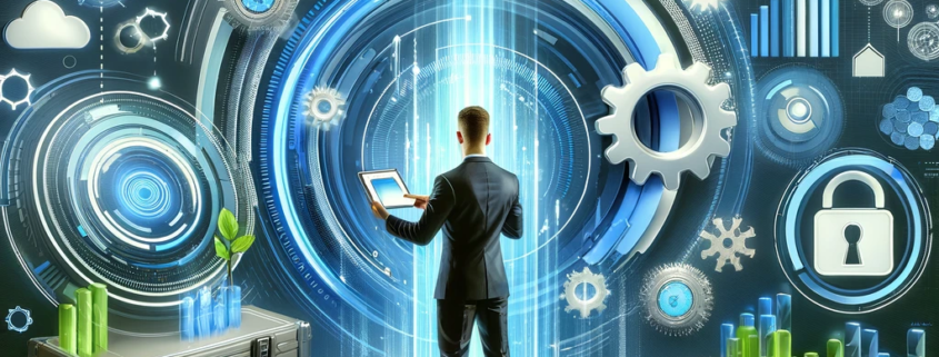 The image depicts a futuristic, analytics-driven backup monitoring scene. A central figure, symbolizing a business professional or a technological avatar, stands confidently, interacting with a high-tech control panel or holding a digital tablet. Surrounding the character are abstract, dynamic elements such as floating graphics, charts, gears, cloud icons, and security shields, all representing different aspects of data protection and analytics. These elements are rendered in vibrant blues, greens, and silvers, conveying a sense of innovation, safety, and control. The background is a sleek, high-tech environment, emphasizing the cutting-edge nature of the analytics-driven approach. The overall impression is one of empowerment and advanced data protection, portrayed through a visually rich and detailed futuristic setting.