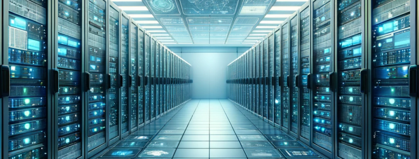 An illustration of a modern digital data center, featuring rows of server racks with a soft blue glow. Prominently displayed are multiple screens showing detailed real-time monitoring charts, graphs, pie charts, and alert icons. These screens highlight backup processes and anomaly detection in the data center. The overall environment conveys advanced technology and efficiency, with a color palette of cool blues, greys, and accent colors like green and red on the screens to denote different data and alerts.