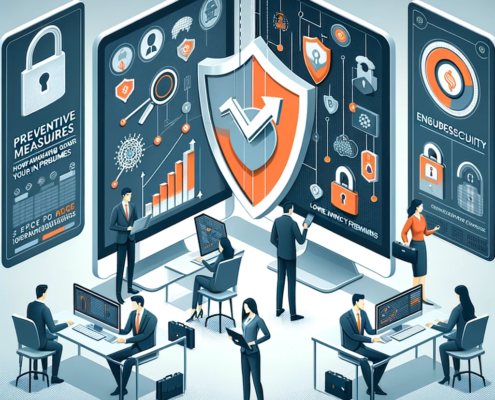 The image features a modern and clean design illustrating the theme of cybersecurity practices leading to financial savings on insurance premiums