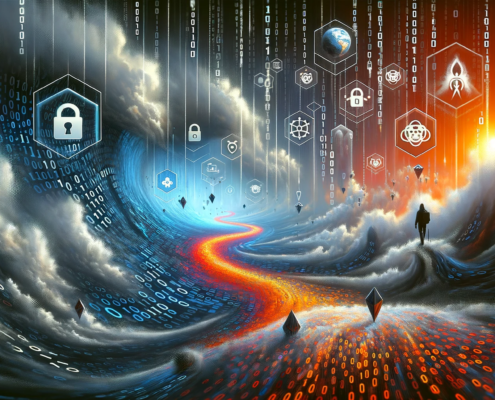 A visually captivating digital art piece depicting a network of interconnected digital islands floating in a cybernetic space. Each island represents a step in the data recovery process following a ransomware attack.