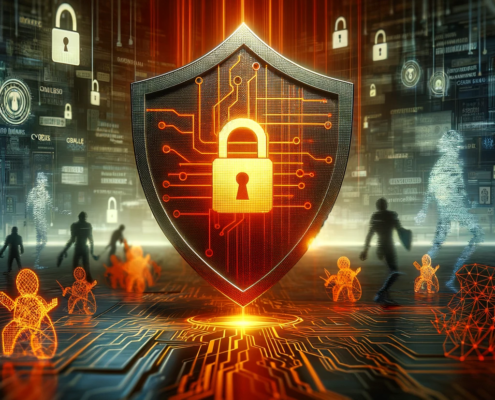 A digital landscape visualizing advanced cyber protection, featuring a central shield in vibrant orange, symbolizing cyber insurance, adorned with intricate digital patterns for sophisticated security measures.