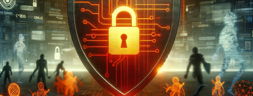 A digital landscape visualizing advanced cyber protection, featuring a central shield in vibrant orange, symbolizing cyber insurance, adorned with intricate digital patterns for sophisticated security measures.
