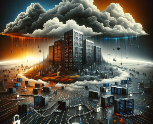 A digital artwork illustrating the theme of ransomware attacks on businesses. The scene shows digital infrastructure, such as servers and computer networks, under siege, wrapped with symbolic locks and chains in vibrant orange, dark gray, and white, matching Valiant Technology's branding colors.