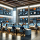 Modern IT security operations center with professionals monitoring live threat detections. The room features sleek, modern furniture and is decorated with a branding color palette of vibrant orange, solid gray, and white.