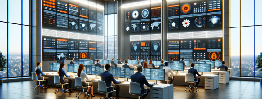 Modern IT security operations center with professionals monitoring live threat detections. The room features sleek, modern furniture and is decorated with a branding color palette of vibrant orange, solid gray, and white.