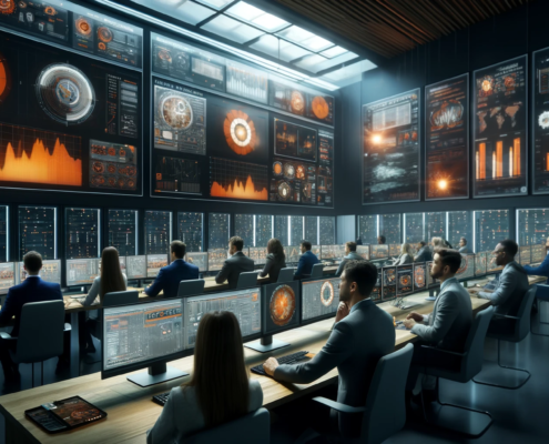 High-tech security operations center with professionals engaged in real-time monitoring and data analysis.