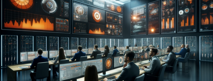 High-tech security operations center with professionals engaged in real-time monitoring and data analysis.
