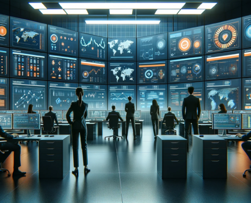 Dynamic cybersecurity operations center with a team of diverse gender experts standing and actively monitoring threats on multiple screens displaying real-time data analytics.