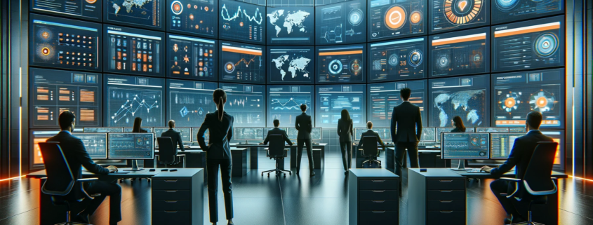 Dynamic cybersecurity operations center with a team of diverse gender experts standing and actively monitoring threats on multiple screens displaying real-time data analytics.