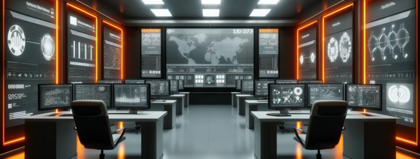 High-tech cybersecurity incident response center devoid of people, displaying technology-focused elements.