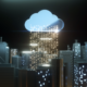 A cityscape with a large cloud icon above, emitting streams of data, symbolizing cloud-based infrastructure supporting urban technology and data management.