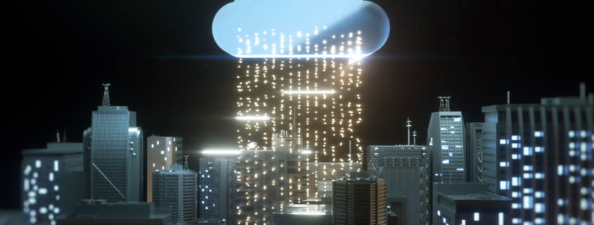 A cityscape with a large cloud icon above, emitting streams of data, symbolizing cloud-based infrastructure supporting urban technology and data management.