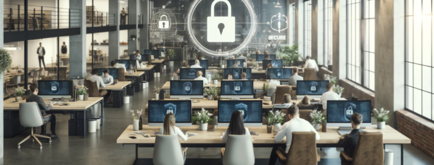 High-tech security operations center with professionals engaged in real-time monitoring and data analysis. The room features large monitors displaying dynamic graphs and cybersecurity data. The decor includes a color palette of vibrant orange, solid gray, and white, creating an alert and focused atmosphere. Men and women in professional attire work attentively at their stations.