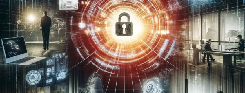 An image that illustrates cyberattacks and phishing, with surrounding visuals depicting the downfall of businesses.