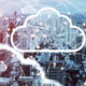 A cityscape with multiple interconnected cloud icons, representing cloud computing infrastructure and its role in enhancing business connectivity and resilience.