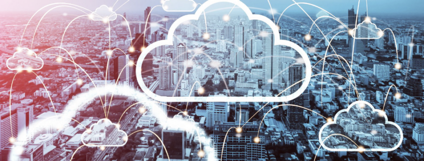 A cityscape with multiple interconnected cloud icons, representing cloud computing infrastructure and its role in enhancing business connectivity and resilience.