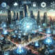 A futuristic cityscape with advanced architecture and digital cybersecurity measures such as data streams, firewalls, and holographic shields.