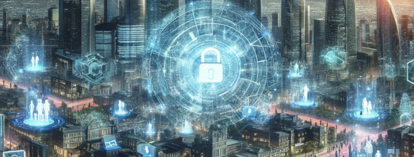 A futuristic cityscape with advanced architecture and digital cybersecurity measures such as data streams, firewalls, and holographic shields.