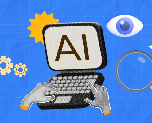 Illustration of a computer displaying the letters "AI" with hands typing, surrounded by icons including gears, a sun, an eye, a magnifying glass, and sparkles, set against a blue grid background — representing technology, automation, and cyber risk management services in New York.
