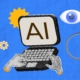 Illustration of a computer displaying the letters "AI" with hands typing, surrounded by icons including gears, a sun, an eye, a magnifying glass, and sparkles, set against a blue grid background — representing technology, automation, and cyber risk management services in New York.