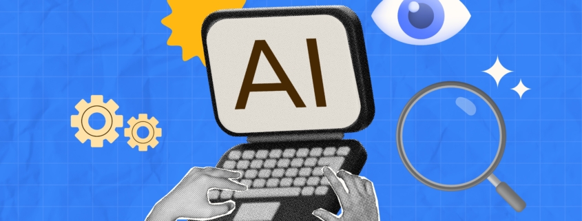 Illustration of a computer displaying the letters "AI" with hands typing, surrounded by icons including gears, a sun, an eye, a magnifying glass, and sparkles, set against a blue grid background — representing technology, automation, and cyber risk management services in New York.
